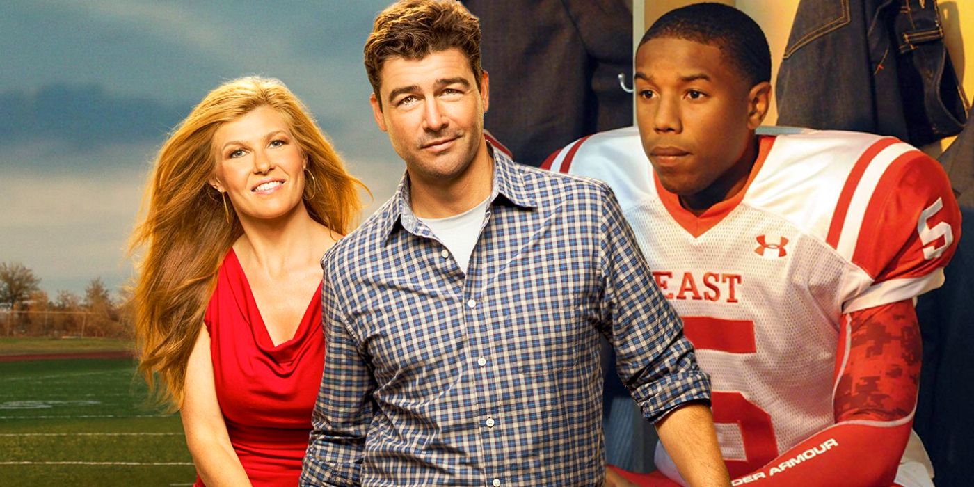 Blended image of Connie Britton as Tami Taylor, Kyle Chandler as Coach Eric Taylor, and Michael B. Jordan as Vince Howard in Friday Night Lights