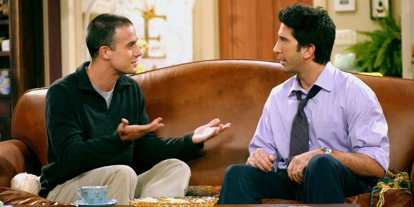 Sandy and Ross speak on the couch in Friends