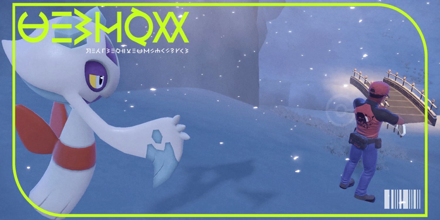 The Pokédex entry for Froslass in Pokémon Scarlet &amp; Violet, showing the Pokémon stalking a human on an icy mountain.