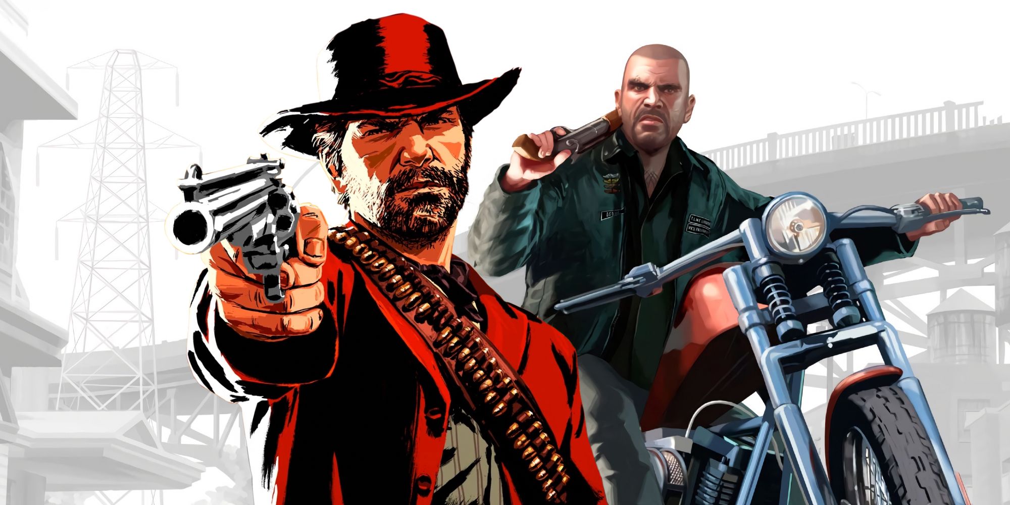 Illustrated artwork of Arthur Morgan from RDR2 next to Johnny Klebitz on his motorcycle from GTA 4's The Lost and Damned expansion.