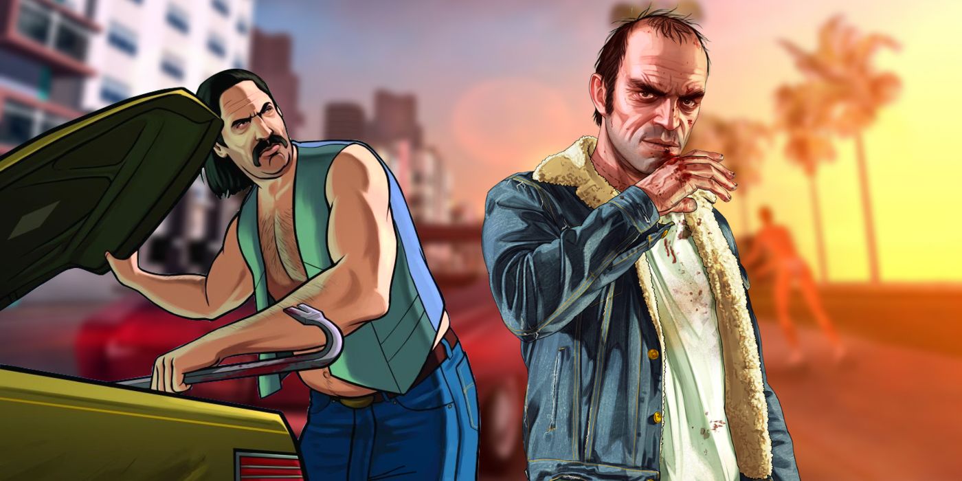 Trevor Philips and Umberto Robina in front of a blurred Vice City street at sunset.