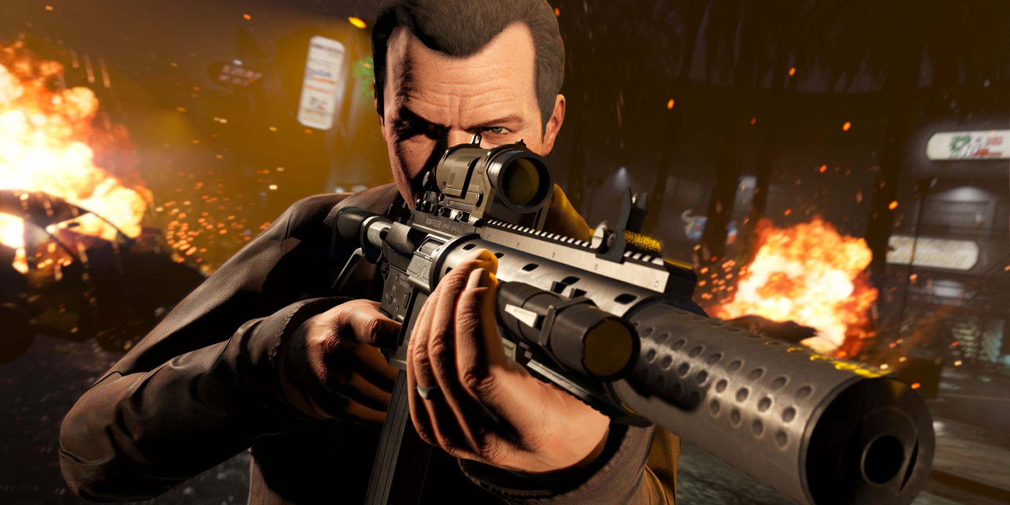 A Grand Theft Auto character holding a large gun, surrounded by explosions
