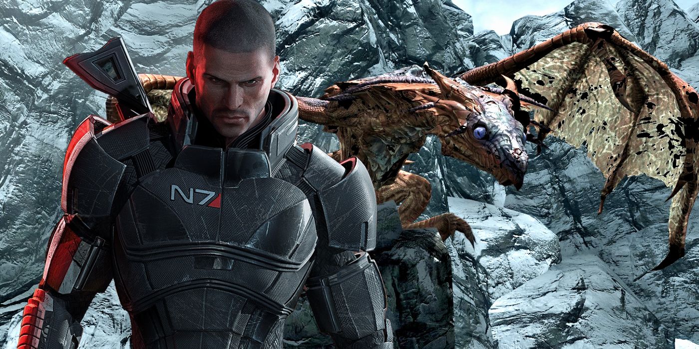 Image of Commander Shepard from Mass Effect in front of a dragon from Skyrim.