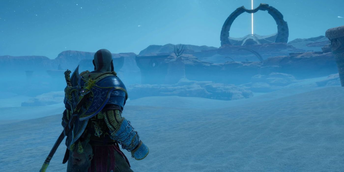Kratos no deserto de Alfheim em God of War ragnarok.