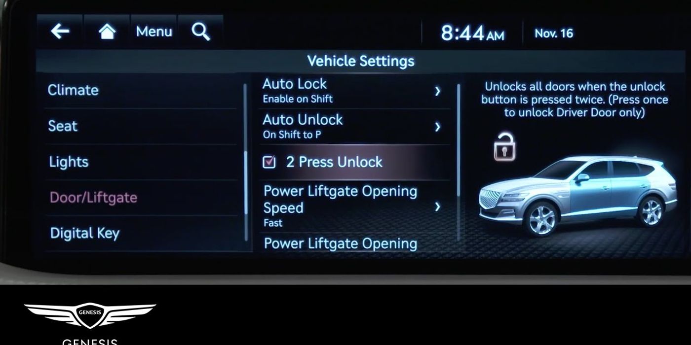 Vehicle settings in a Genesis car's infotainment screen.
