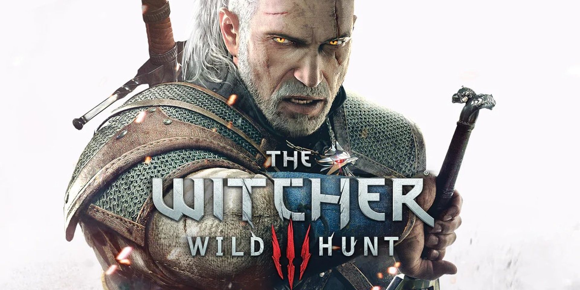 Geralt dari The Witcher 3 - Perburuan Liar menghunus salah satu pedangnya