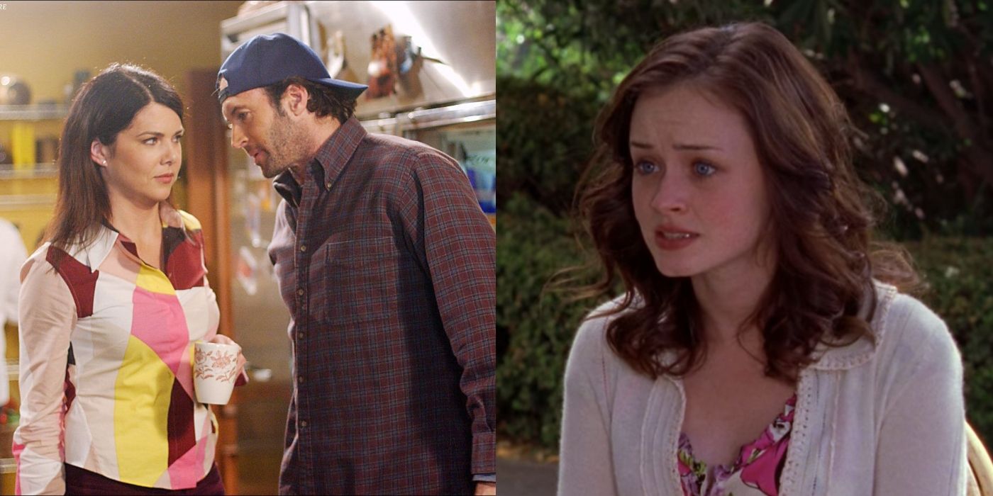 Split image of Lorelai and Luke standing together and Rory looking serious on Gilmore Girls