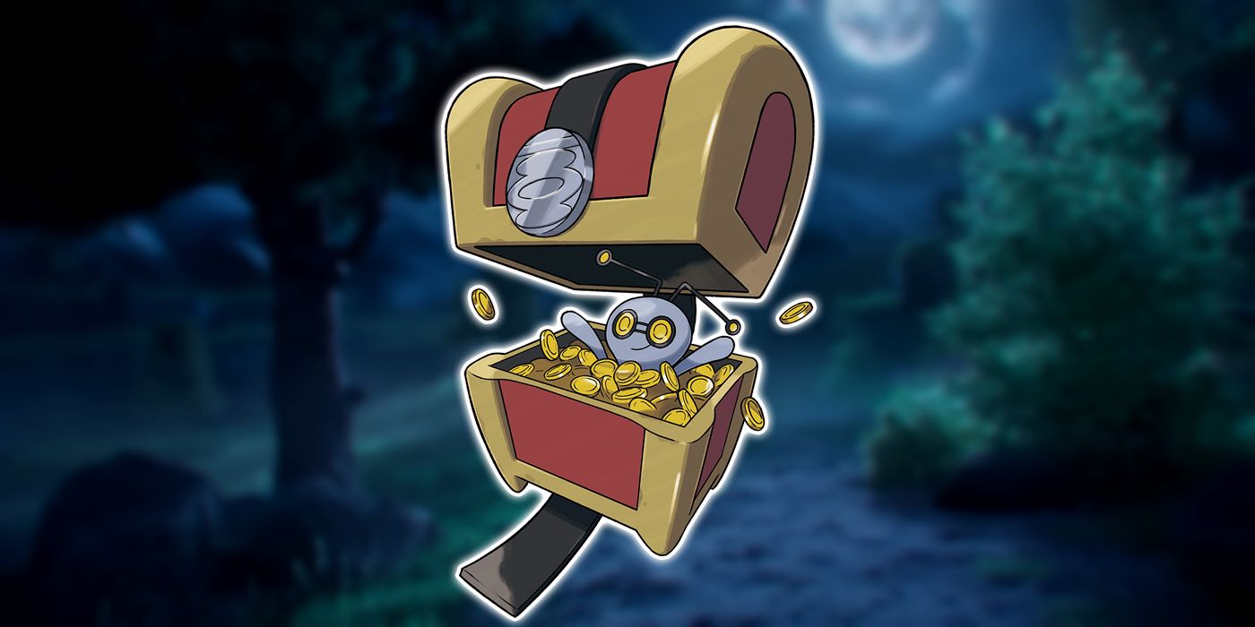 Imagem de Pokémon Gimmighoul recém-lançada com fundo escuro e arborizado.