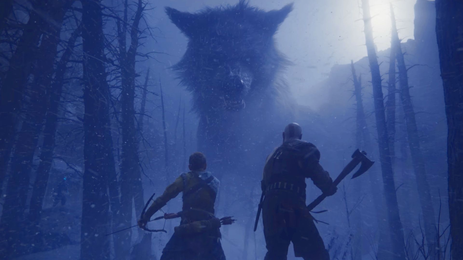 God of War Ragnarok's Kratos and his son Atreus are lost in a snowy forest when a giant wolf approaches them, weapons are drawn.