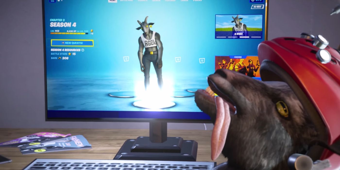 Goat Staring at a PC with Fortnite in the Goat Simulator 3 Trailer