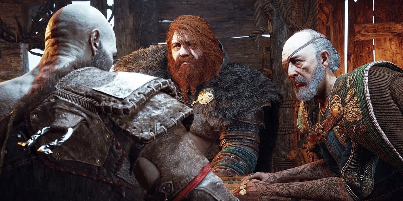 Image of Thor and Odin sitting at a wooden table with Kratos as they try to hash out their differences.