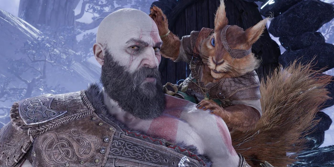 Ratatoskr on Kratos' shoulder in God of War Ragnarok