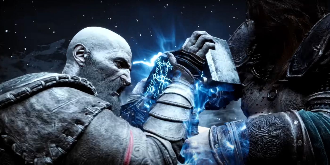 Kratos locked in battle with Thor in God of War Ragnarok