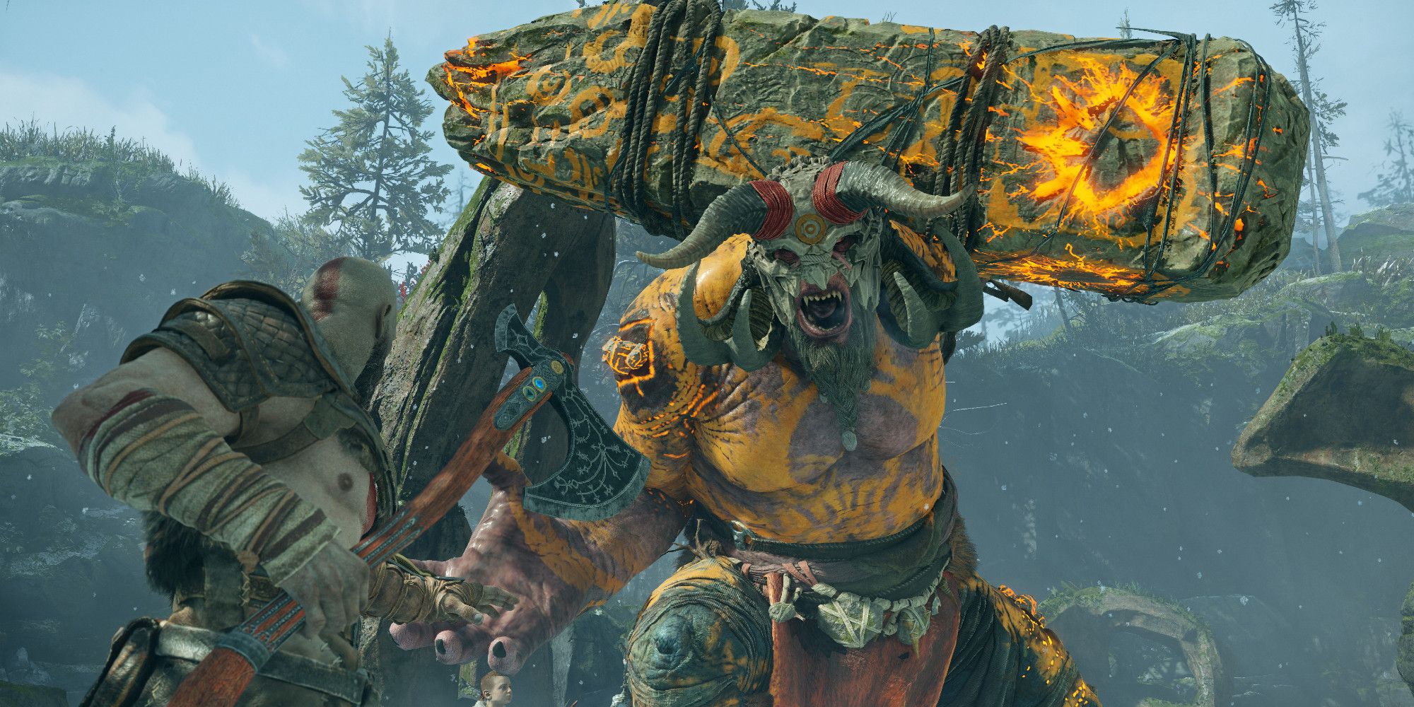 Screenshot of a battle with a troll in God of War 2018