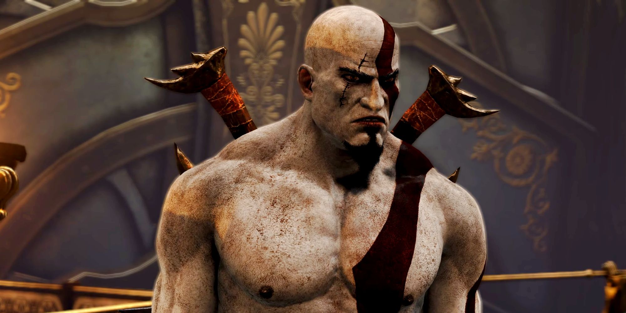 Kratos during a cutscene in God of War: Ascension, with the Blades of Chaos on his back.