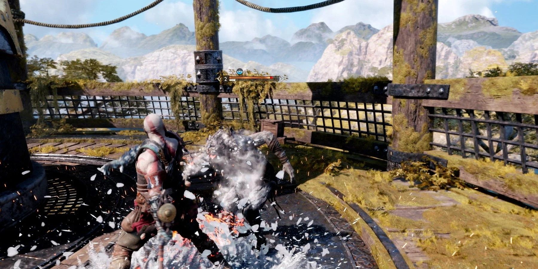 Kratos usando Glacial Rake em um inimigo em God of War: Ragnarök 