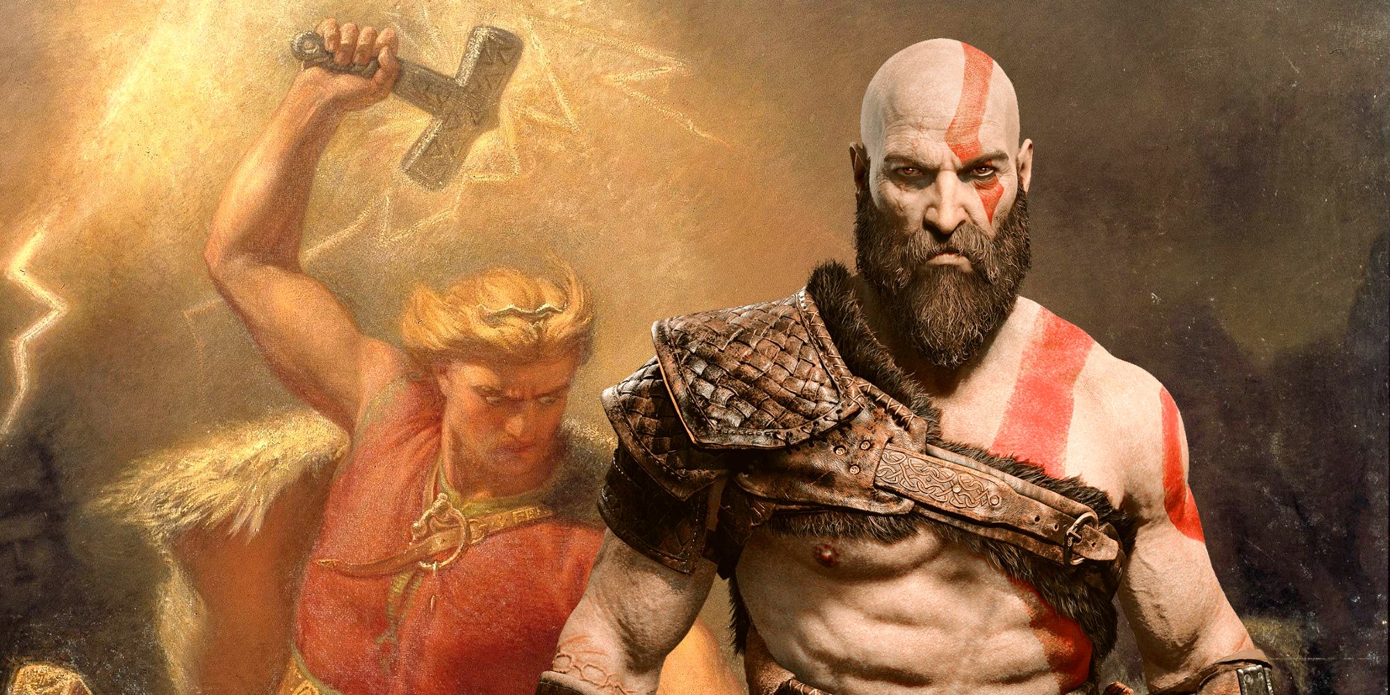 Kratos from God of War in front of a painting depicting mythological Thor wielding Mjolnir.