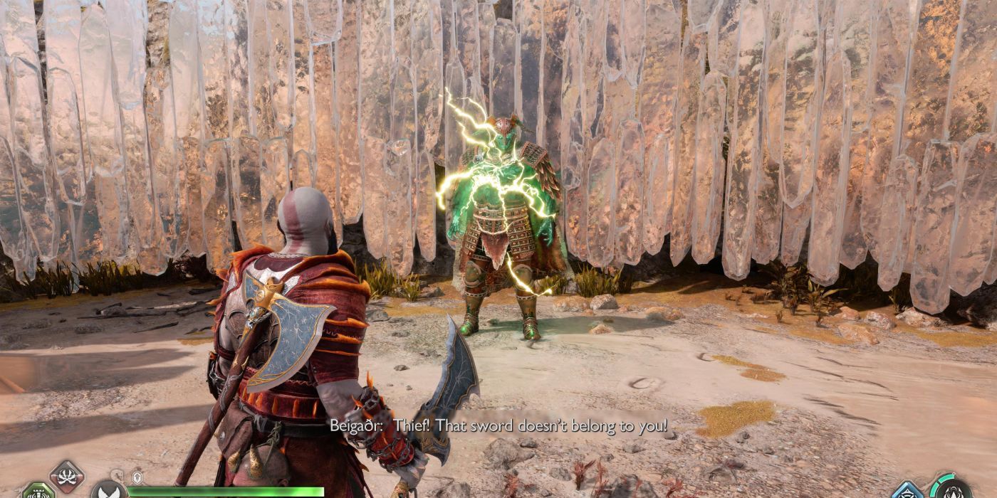 Kratos facing Beigadr the the Feared in a God of War: Ragnarök berserker fight in a sandy environment.