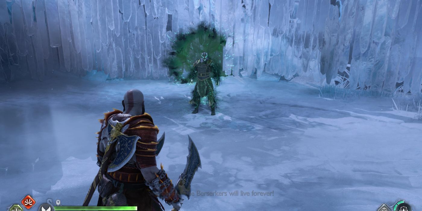 Kratos facing Skjothendi the Unerring in a God of War: Ragnarök berserker fight in an icy environment.