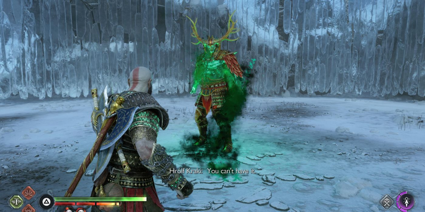 Kratos facing Hrolf Kraki in a God of War: Ragnarök berserker fight in a snowy environment.