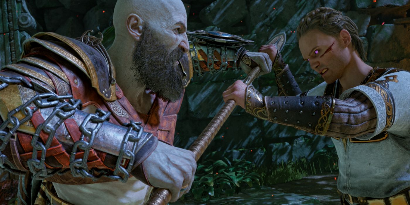 Kratos e Heimdall lutando pela lança Draupnir em God of War Ragnarok