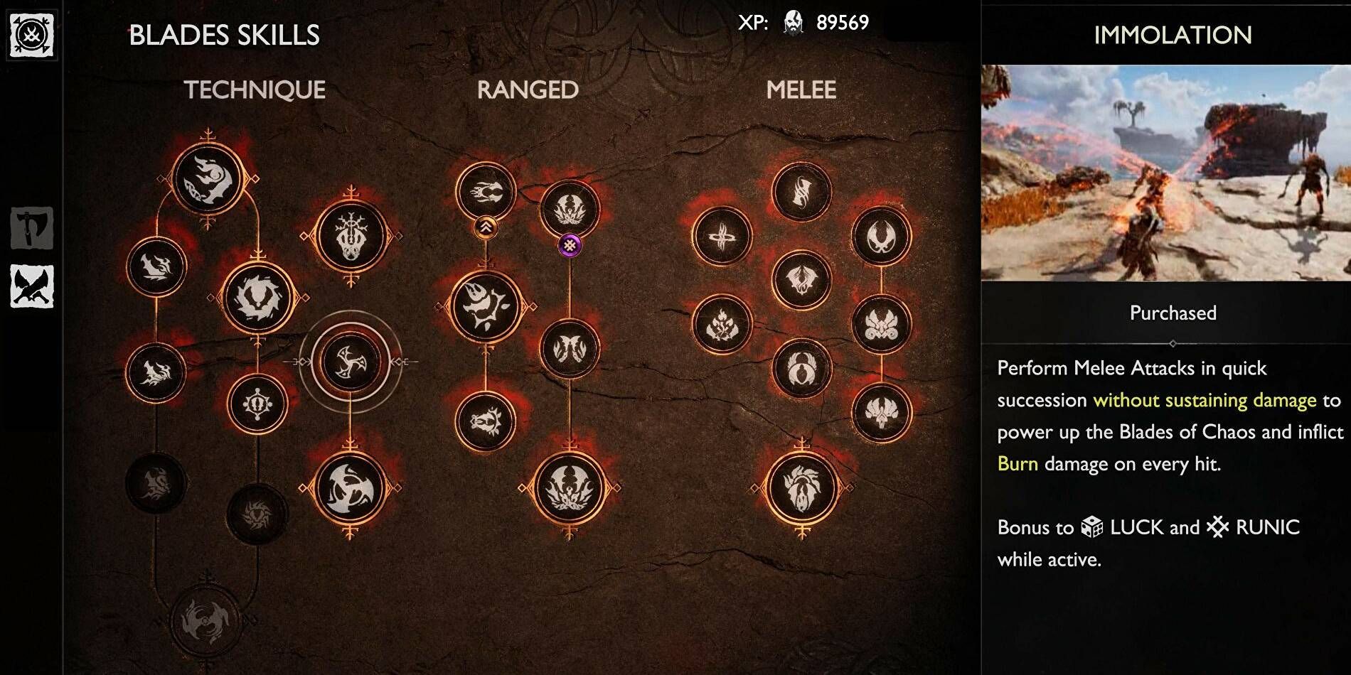 God of War: Ragnarok Blades of Chaos Skill Trees with Immolation Skill Being Highlighted for Early Runic Bonuses