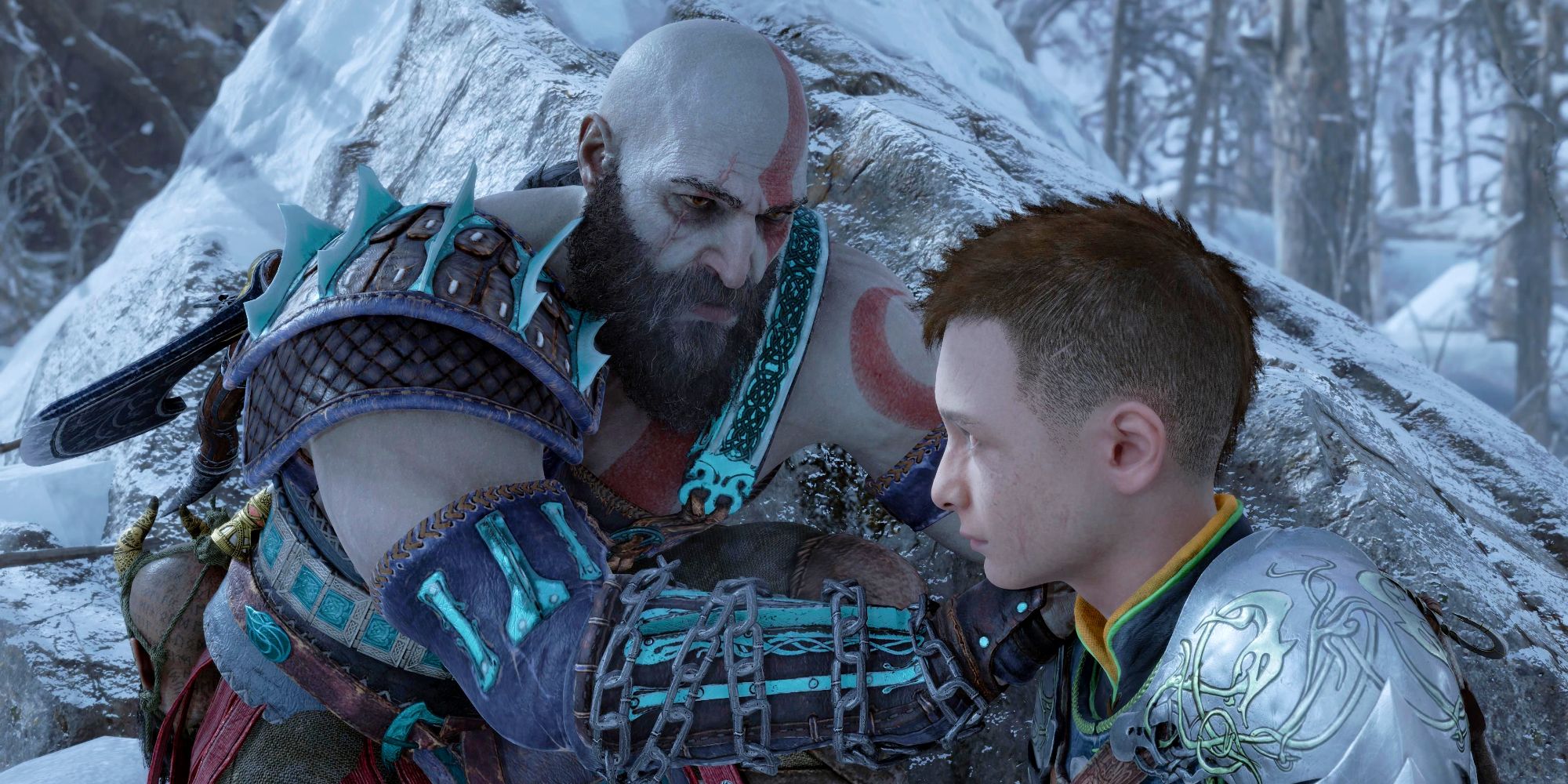 Kratos colocando a mão no ombro de Atreus em God of War Ragnarok.