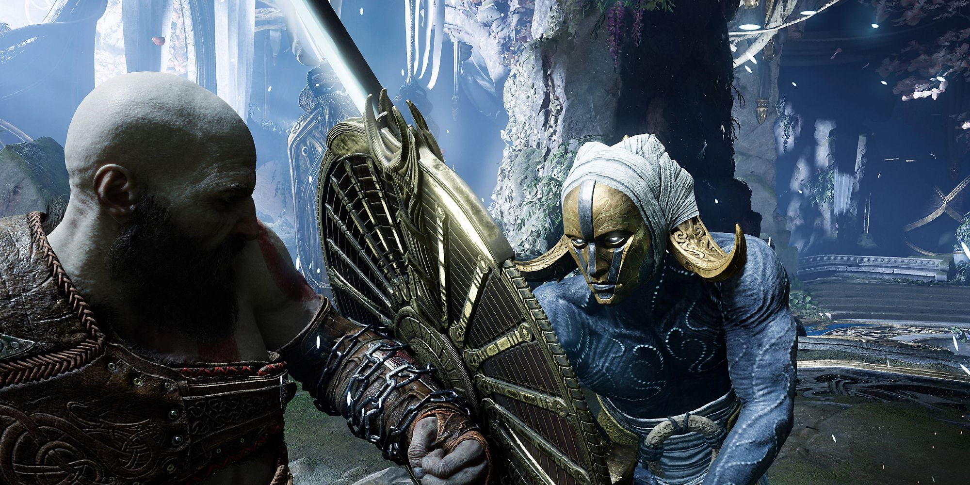 God of War Ragnarok Kratos Blocking Enemy Sword Attack With Shield