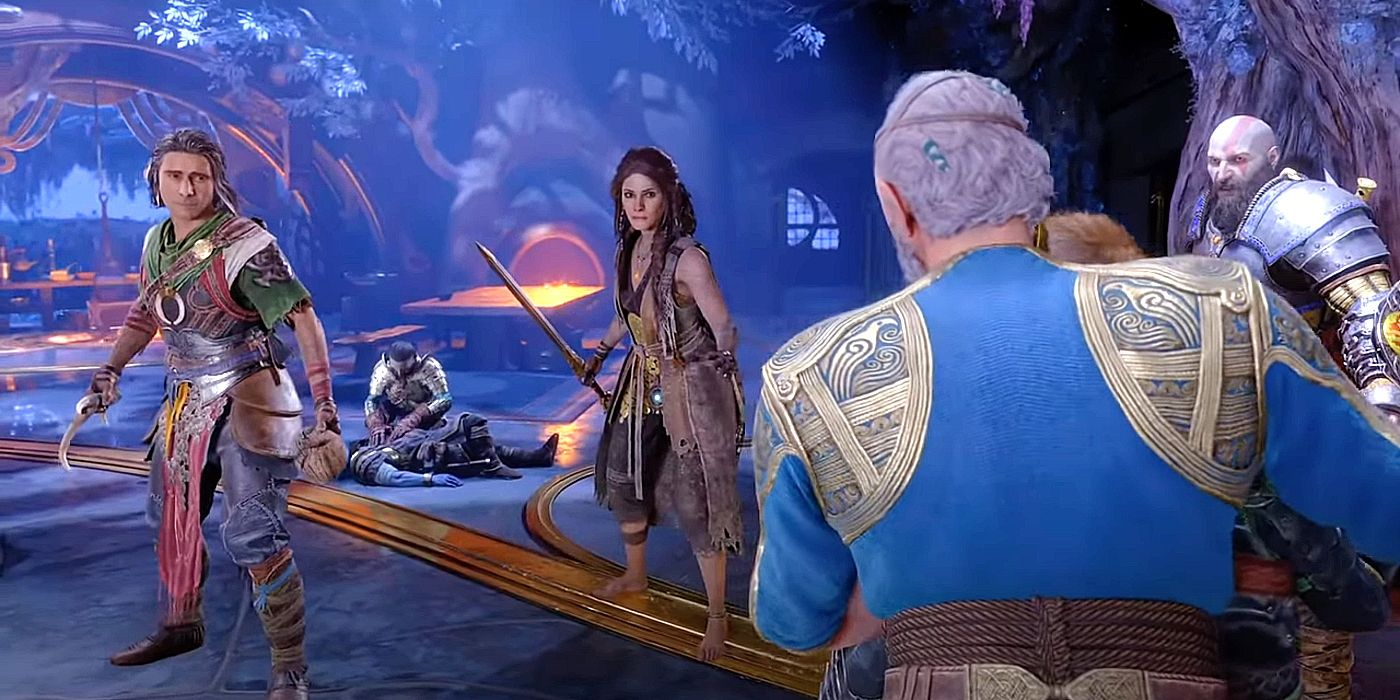 Image of Odin holding Atreus hostage while Freya, Kratos, and Freyr are ready to attack him. In the background, Sindri is tending to the wounded Brok.