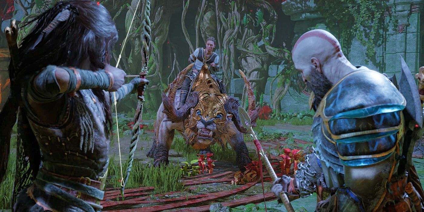 Gambar Kratos dan Freya berhadapan dengan Heimdall.