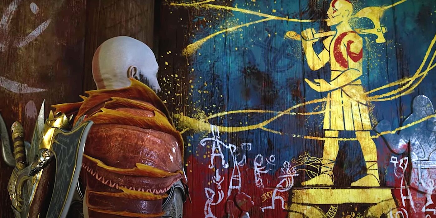 Image of Kratos gazing upon a Jotnar shrine painted by his deceased wife, Faye. It depicts a giant golden statue of Kratos being worshiped by the masses.