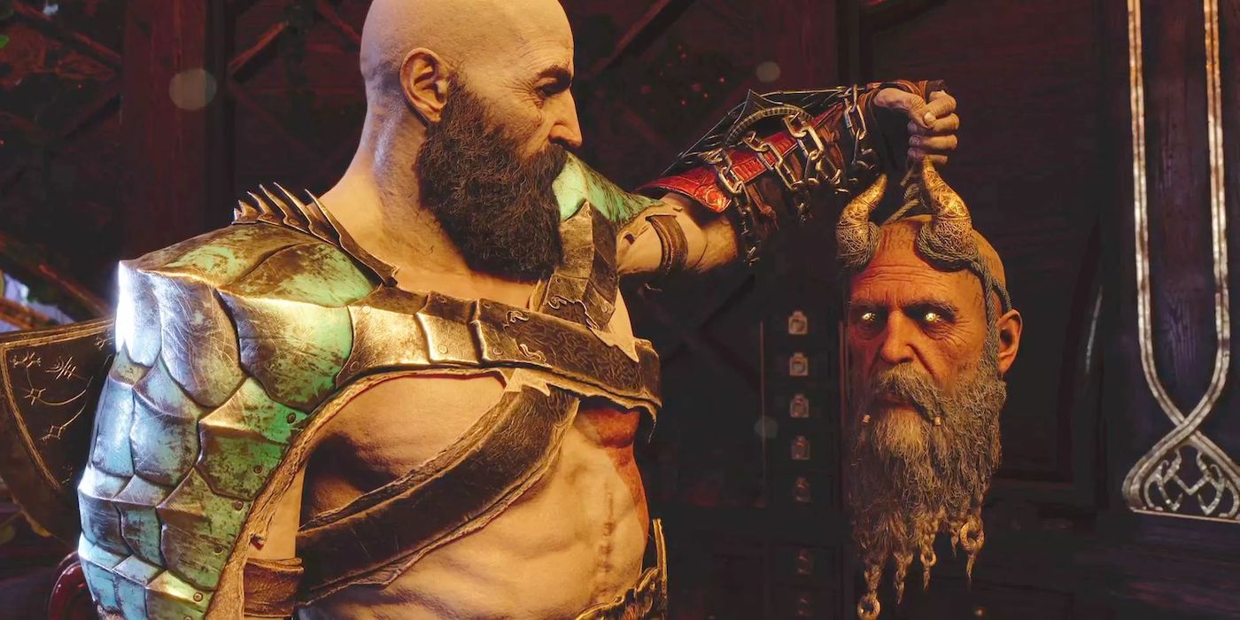 Kratos holding Mimir in God of War Ragnarok