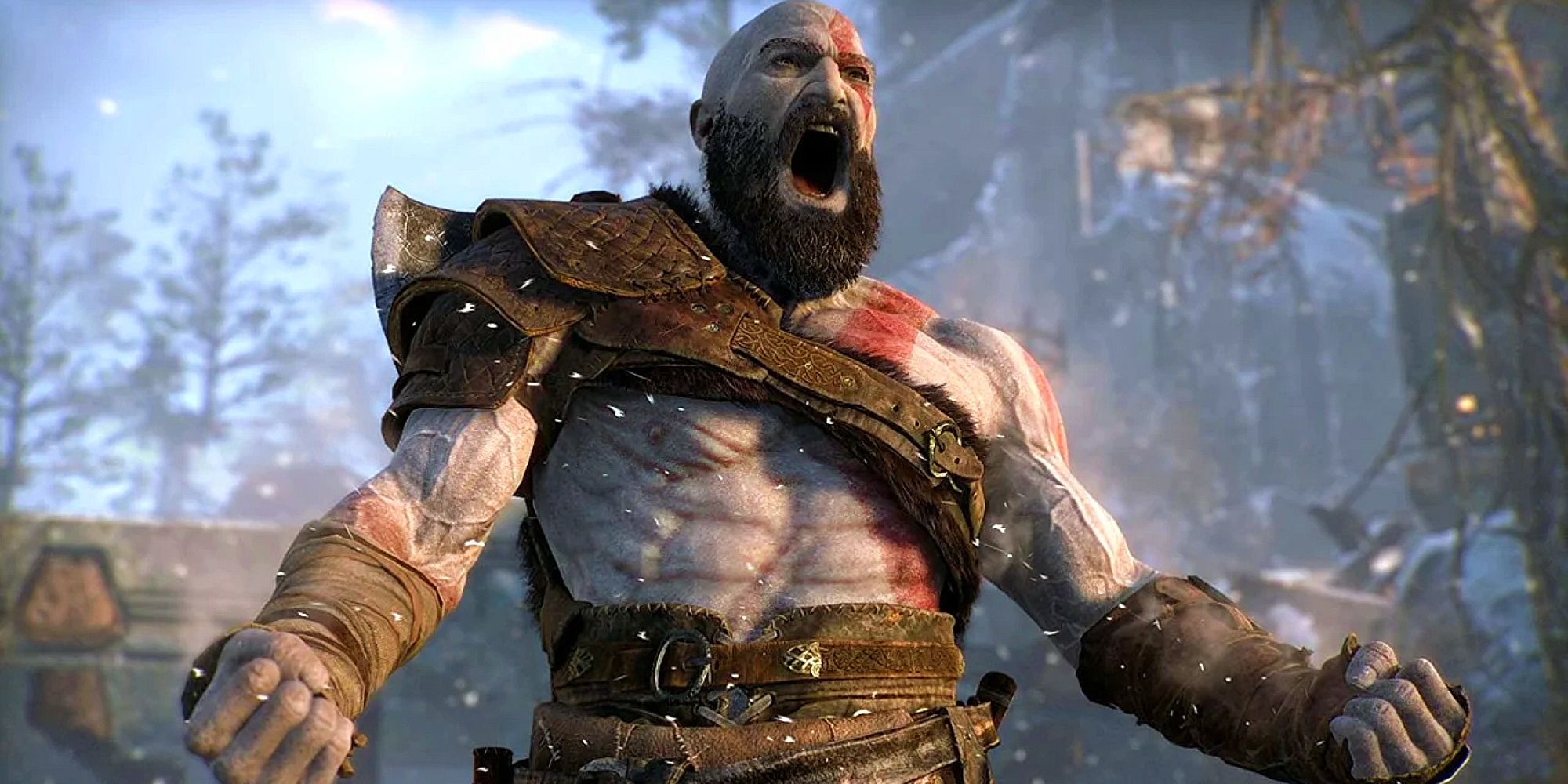 Imagem de Kratos liberando sua fúria berserker com um grito assustador.
