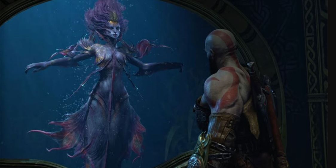 God of War's Kratos looking at a mermaid with purple hair.