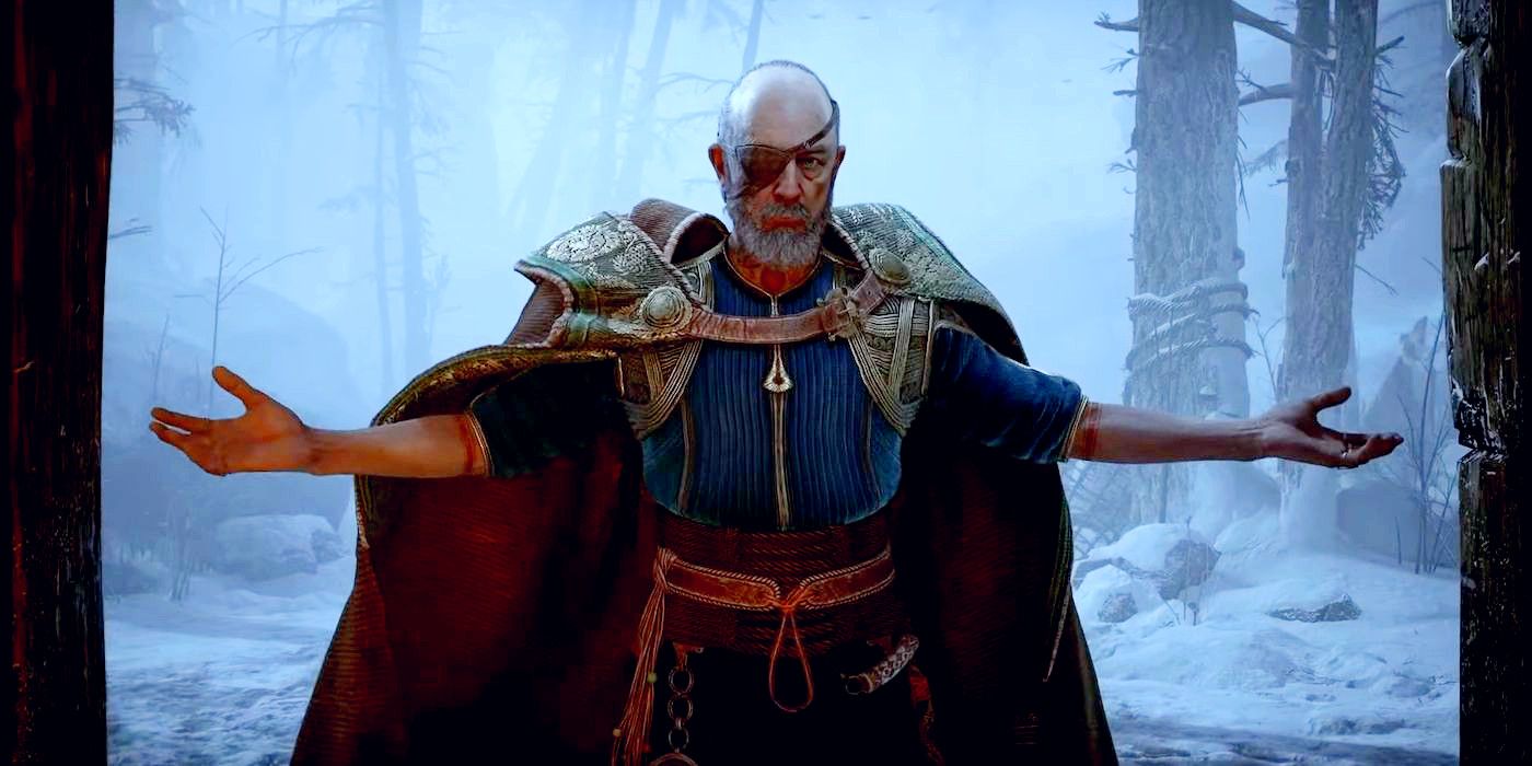 Odin presenting himself in God of War Ragnarok, standing in a doorway with his arms spread.