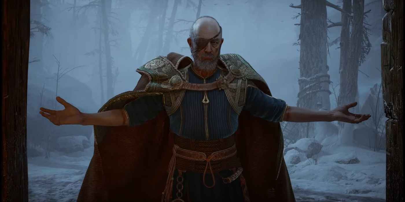 Odin the All-Father with his arms spread in God of War Ragnarok