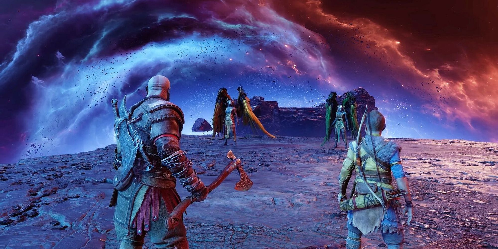 Imagen de Kratos y Atreus preparándose para enfrentarse a dos valquirias en la chispa espacial del mundo.