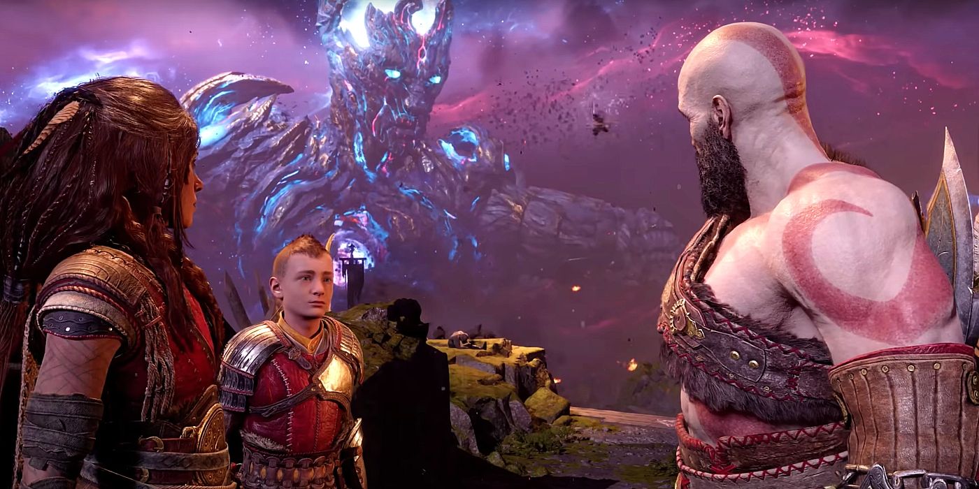 Image of Kratos, Freya, and Atreus devising a battle plan to deal with the giant version of Surtr that looms in the background.