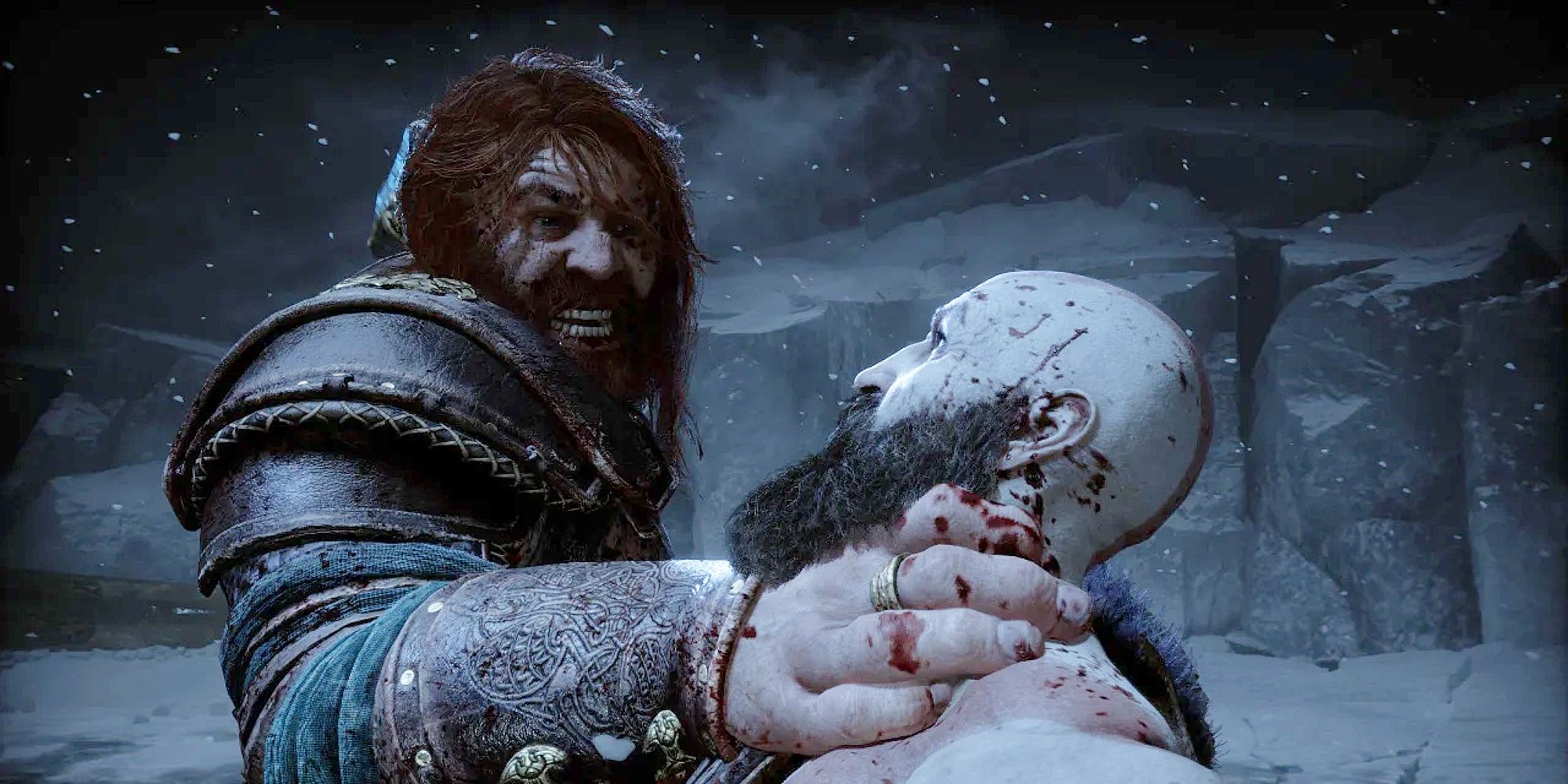 Image of Thor choking out Kratos in an intense battle.