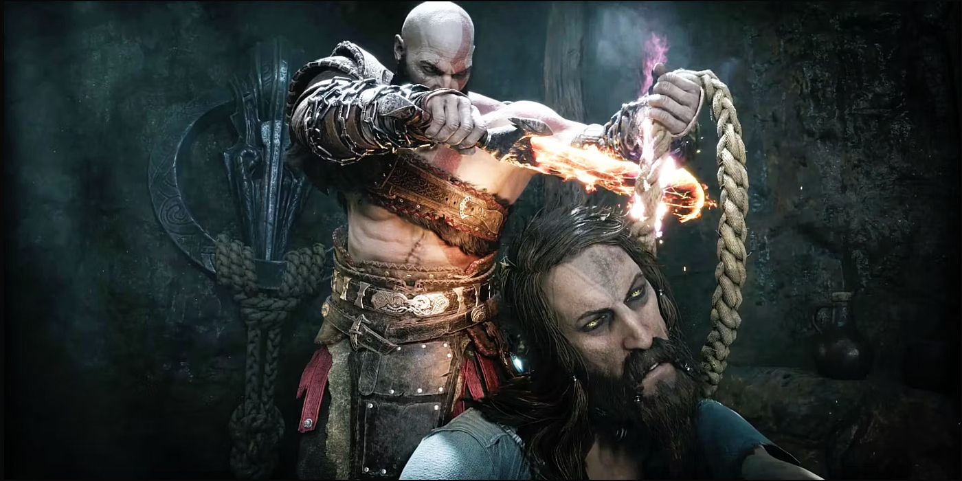 Imagem de Kratos cortando as cordas que prendem Tyr aprisionado.