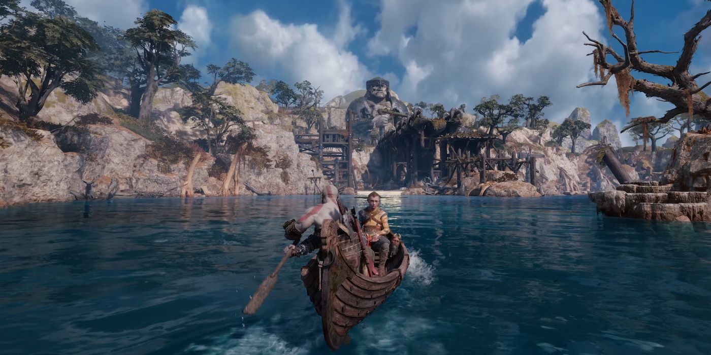 Kratos and Atreus row a canoe through a location in god of war