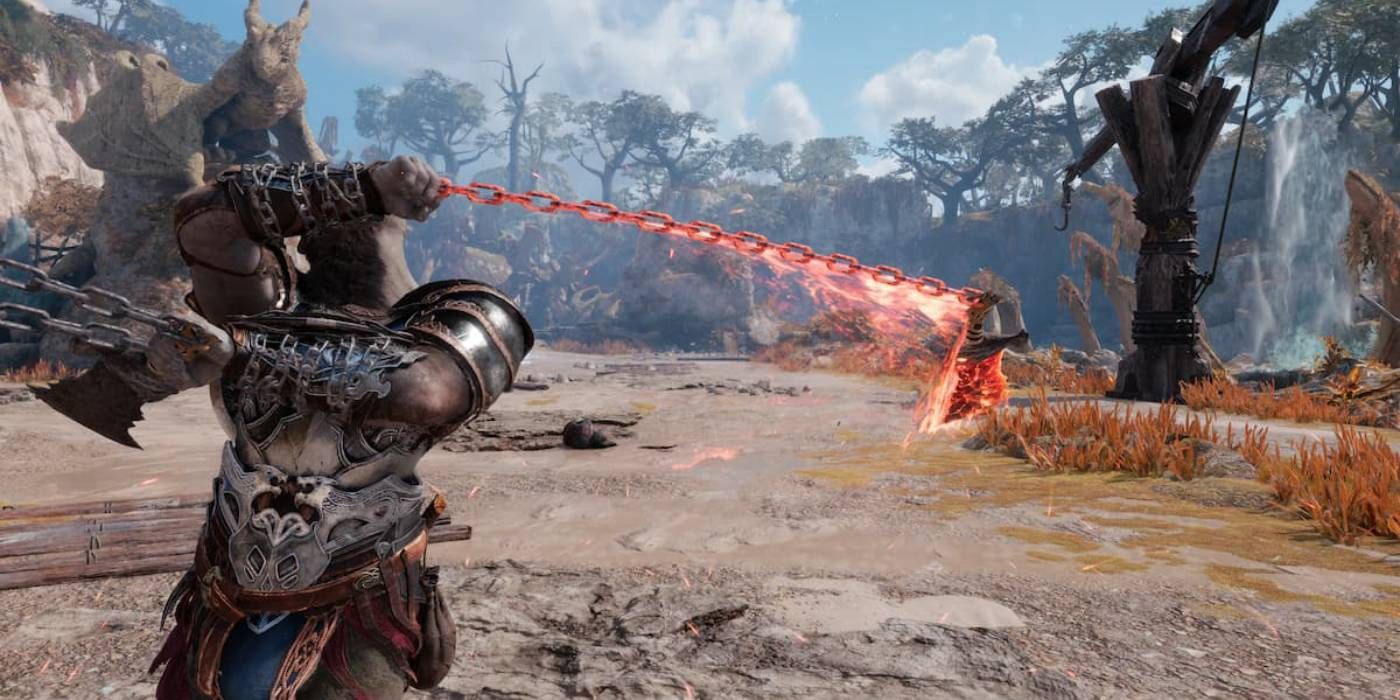 God of War: Ragnarok Blades of Chaos Whip Attack Being Used by Kratos as Part of Demonstration for Upgradeable Skills and Runic Attacks