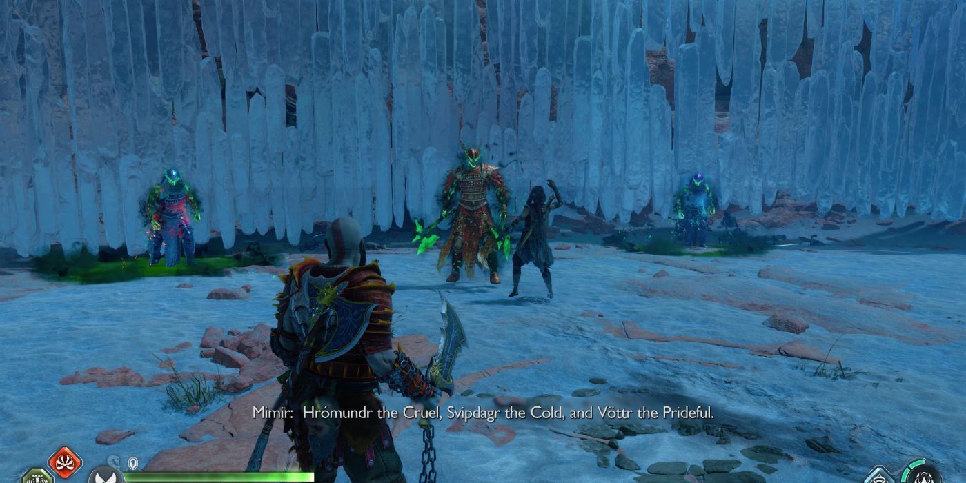 Kratos facing Svipdagr the Cold and the Sisters of Illska in a God of War: Ragnarök berserker fight.