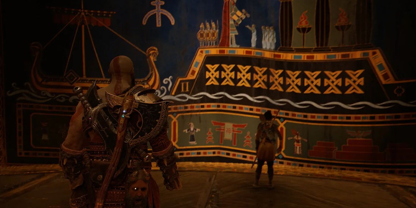 Image of Kratos and Atreus looking at a Norse tapestry in God of War (2018).