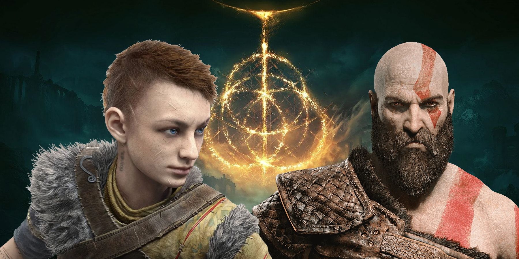 Atreus and Kratos, from the God of War franchise, in front of the Elden Ring.