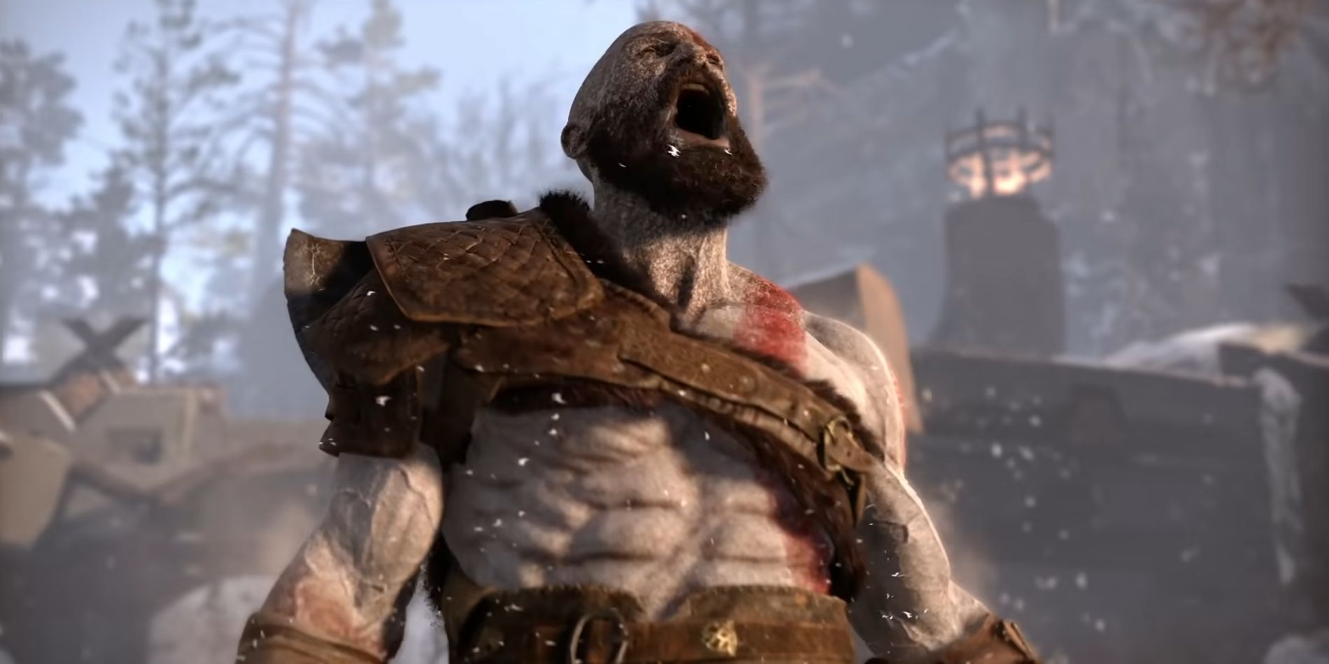 Image of Kratos in God of War (2018) shouting angrily at the sky.