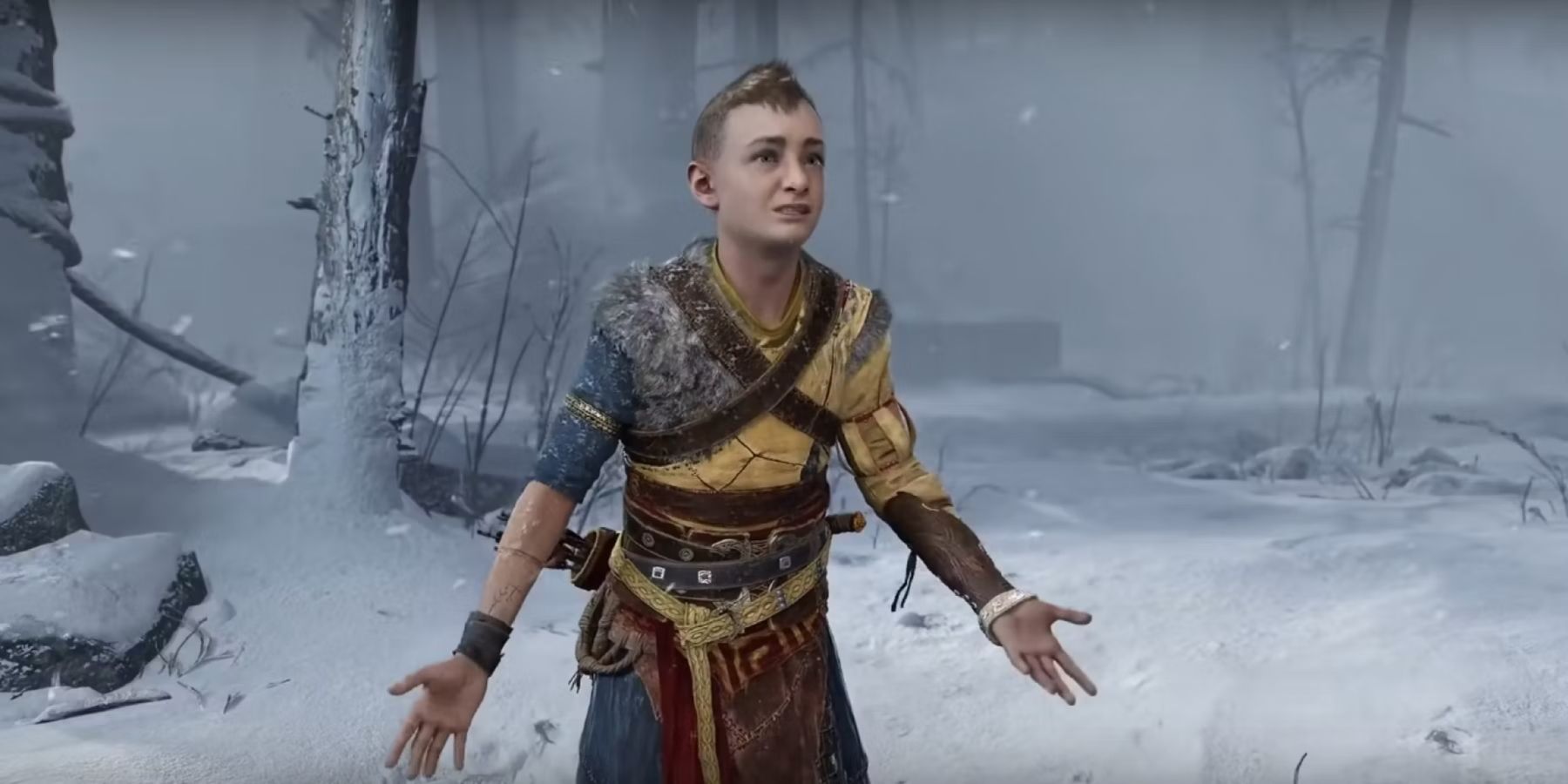 The Atreus character in God of War Ragnarok, looking distressed with his arms spread.