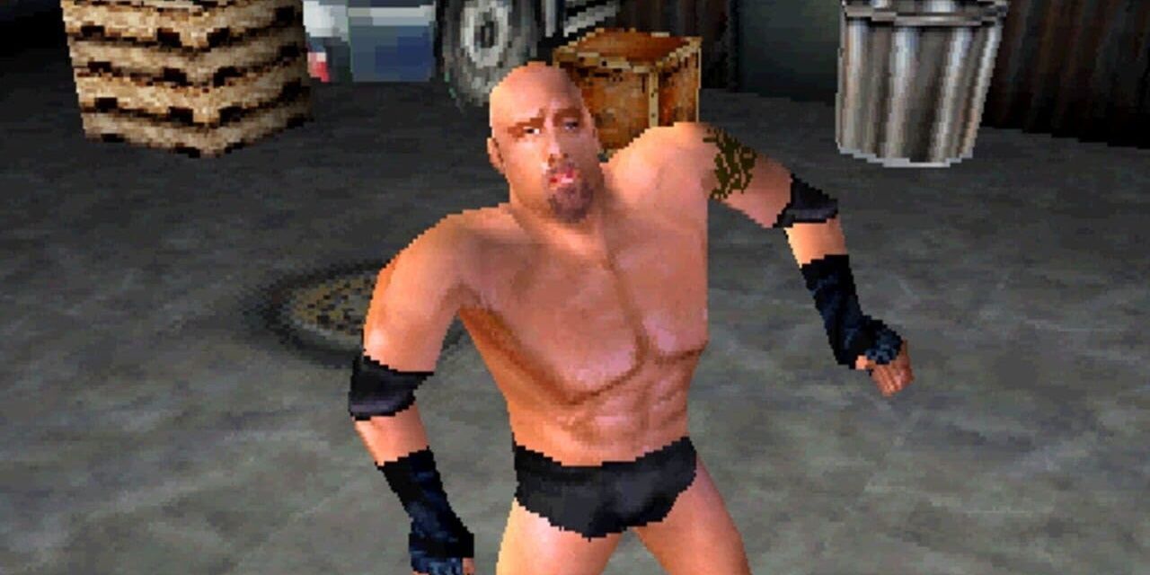 Goldberg looking up in WCW Backstage Assault 