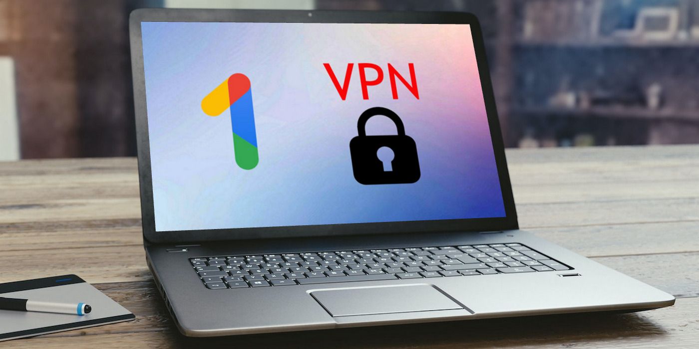  A laptop screen with the Google One VPN logo and a lock icon. The image represents the search query 'Google One VPN discontinuation'.