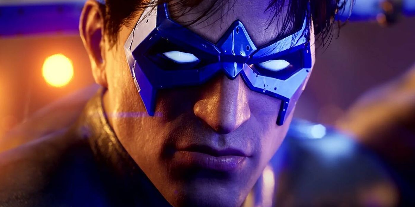 Close-up image of Nightwing's face in Gotham Knights. Dick Grayson is wearing the Jim Lee "Knightwatch" Transmog suit style.